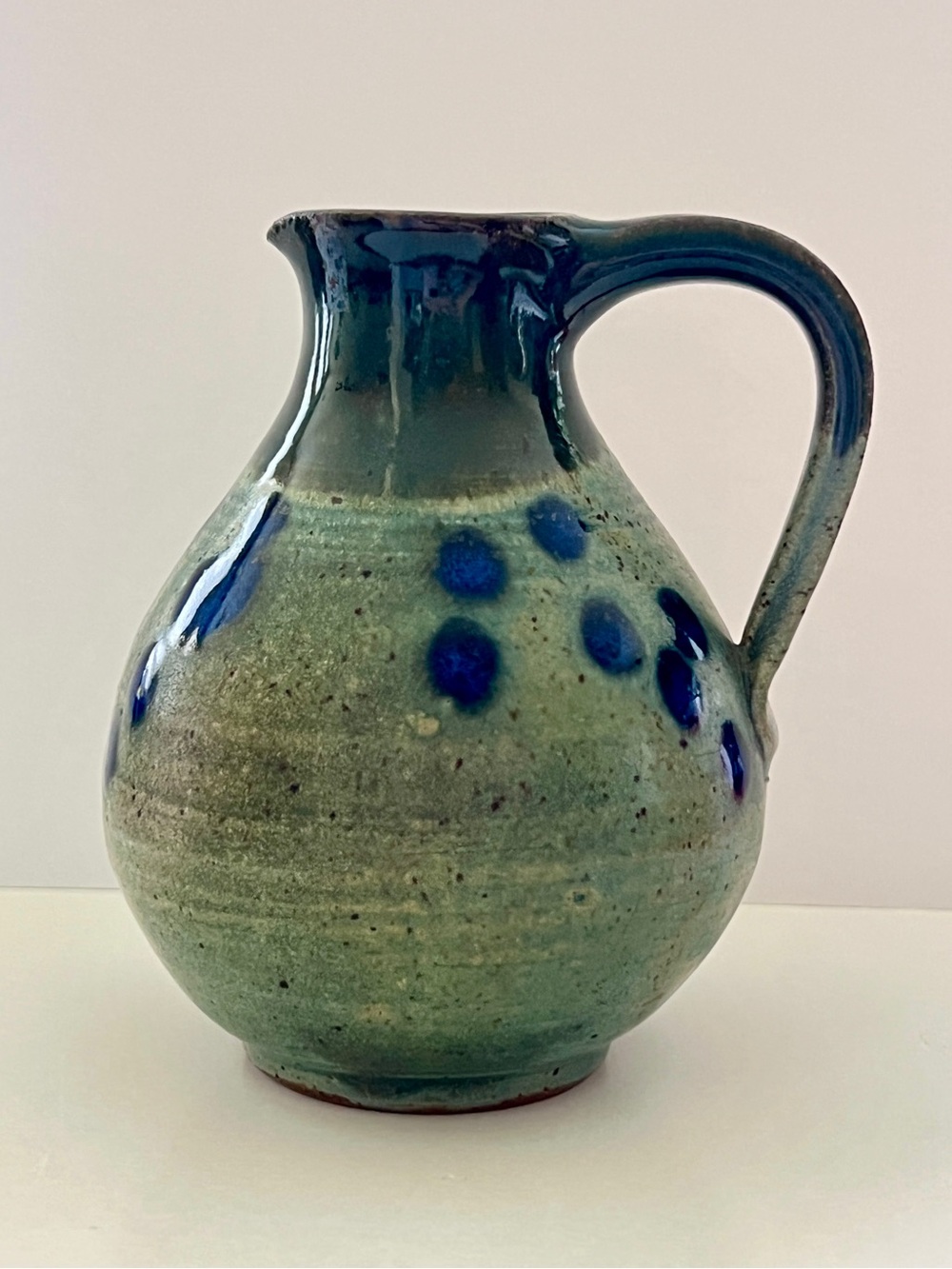 Vintage Signed Studio Pottery Glazed Ceramic Stoneware Pitcher Vase Blue Green